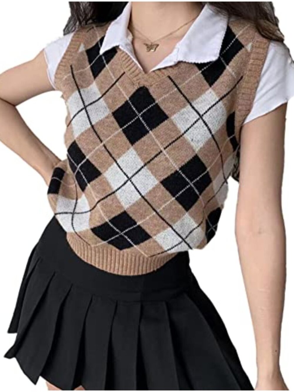 Preppy Argyle Plaid Sleeveless Sweater Vest Crop Top for Women Teen Girls